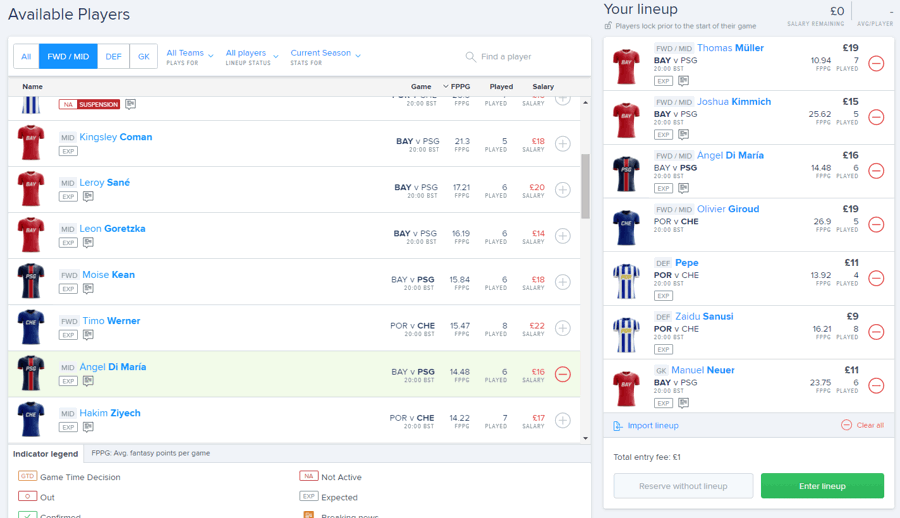 fantasy sports example entry