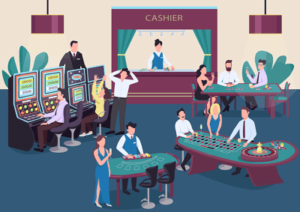casino floor graphic showing tables slots players cashier dealers